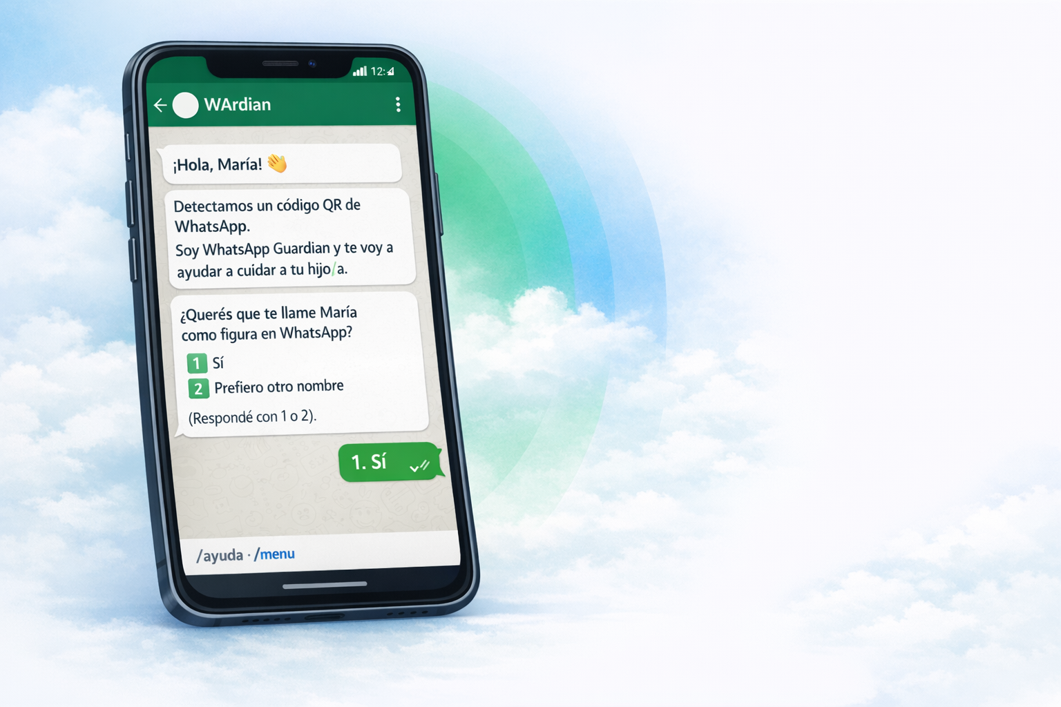 Mockup en teléfono del onboarding por QR en chat de WArdian