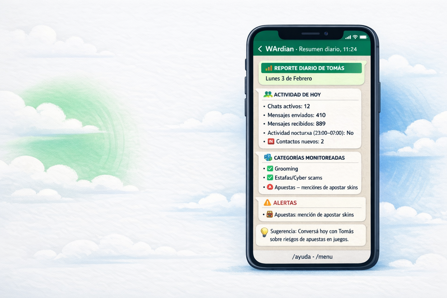 Mockup en teléfono del reporte diario de WArdian en chat