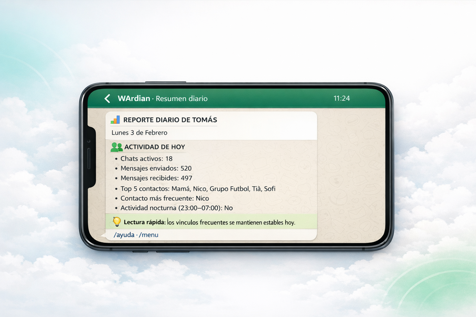 Mockup en teléfono con reporte diario de top contactos de WArdian