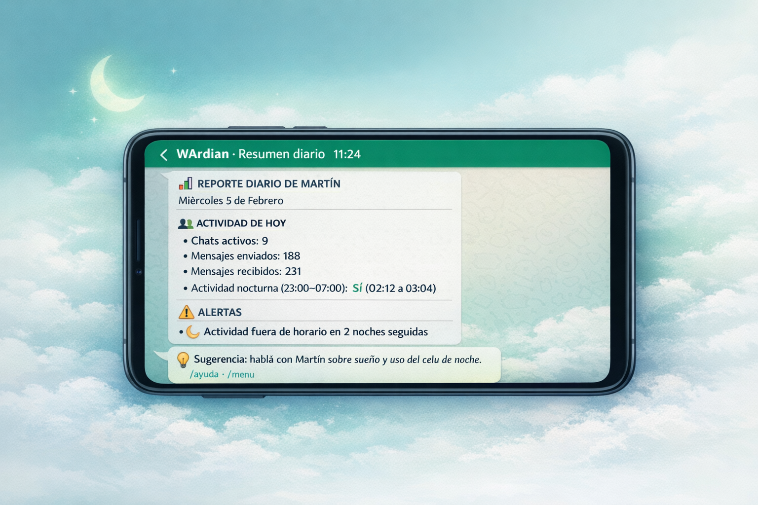 Mockup en teléfono con alerta de actividad nocturna en reporte de WArdian