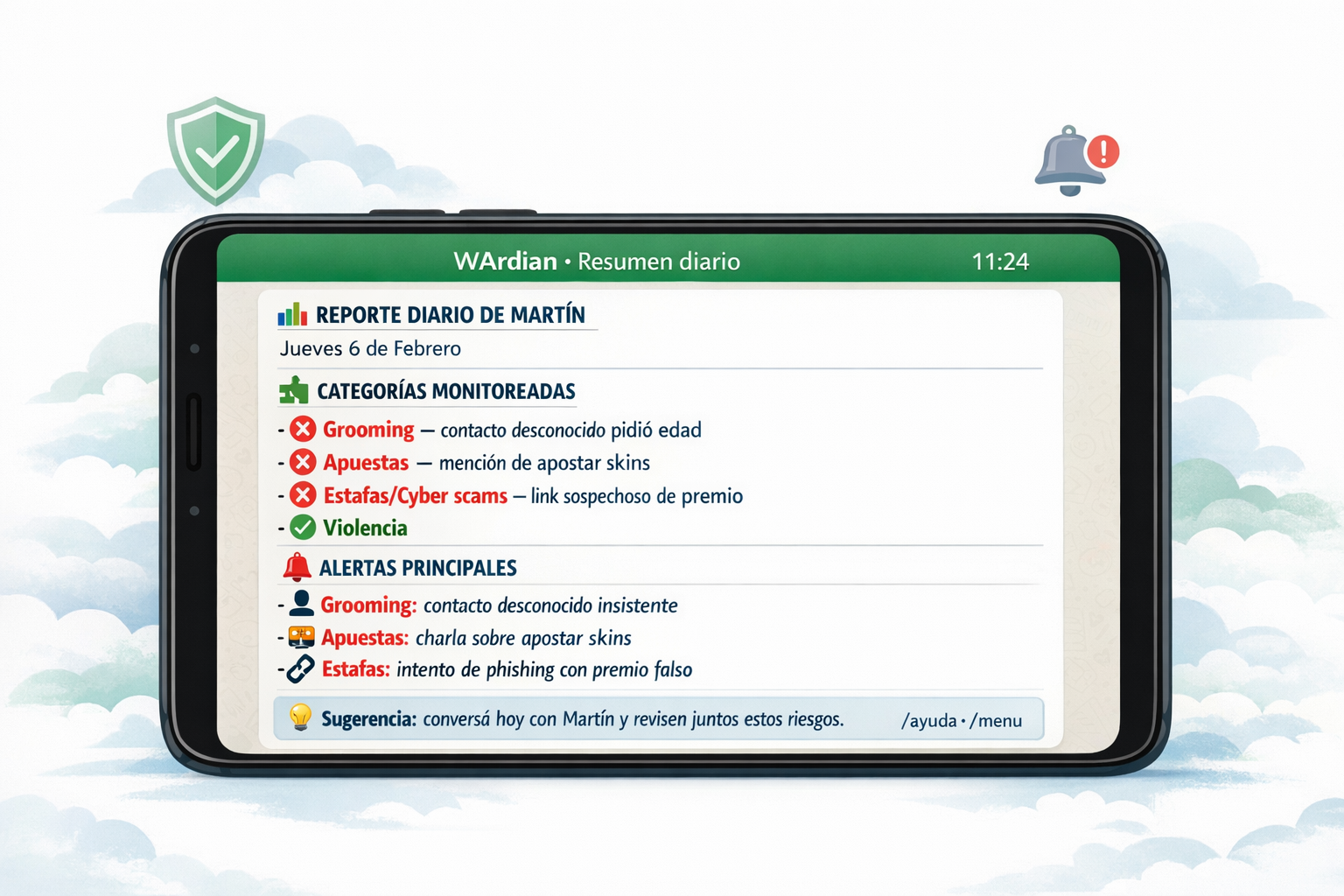 Mockup en teléfono con detección de grooming, apuestas y estafas en WArdian